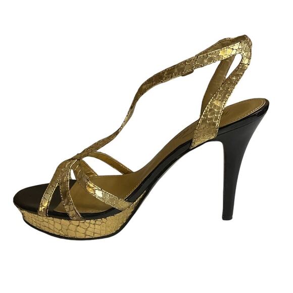 Marc Fisher Sandal SZ 8.5 Women Gold Belia Ankle Strap Stiletto Heel Snakeskin - Picture 3 of 15